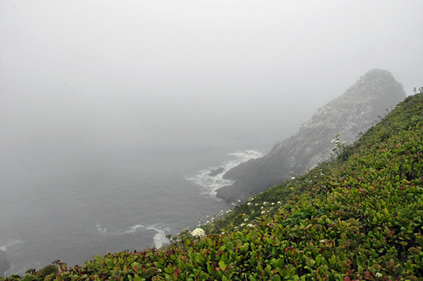 The fog is so heavy that the rocks down below can barely be seen.